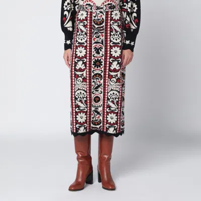 Farm Rio Embroidered Midi Skirt With Scalloped Hem In Multi