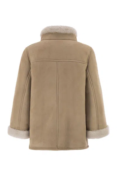 Fay Boxy Beige Suede Coat With Plush Shearling Lining In Brown