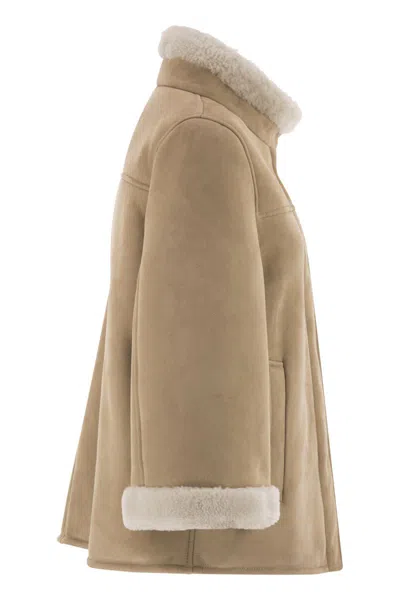 Fay Boxy Beige Suede Coat With Plush Shearling Lining In Brown