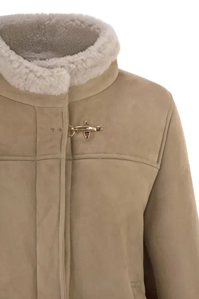 Fay Boxy Beige Suede Coat With Plush Shearling Lining In Brown
