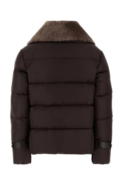 Fendi Women Brown Down Jacket With Shearling Collar And Logo Patch On The Front In Tech Fabric Woman In Brown