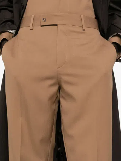 Fendi Men Beige Pants With Belt Loops And Ff Plaque On The Loop In Wool Woman In Brown
