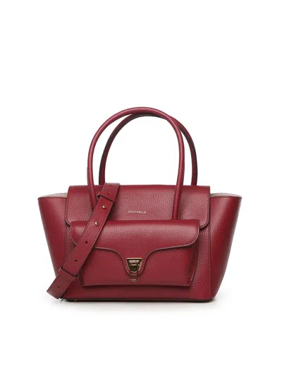 Coccinelle Double Beat Medium Leather Bag In Burgundy