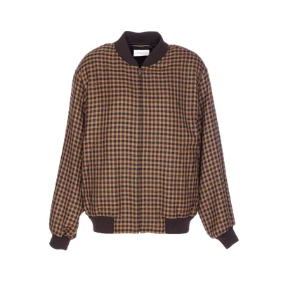 Saint Laurent Cassandre Bomber Jacket In Wool Check In Brown