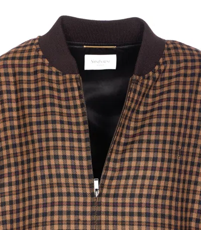 Saint Laurent Cassandre Bomber Jacket In Wool Check In Brown