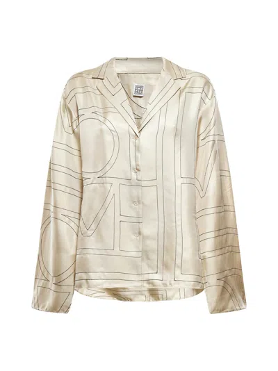 Totême White Shirt With Cuban Collar And Monogram In Silk Woman In Gold