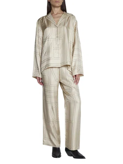 Totême White Shirt With Cuban Collar And Monogram In Silk Woman In Gold