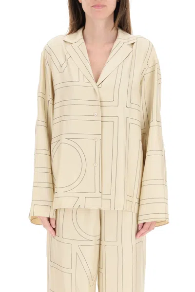 Totême White Shirt With Cuban Collar And Monogram In Silk Woman In Yellow