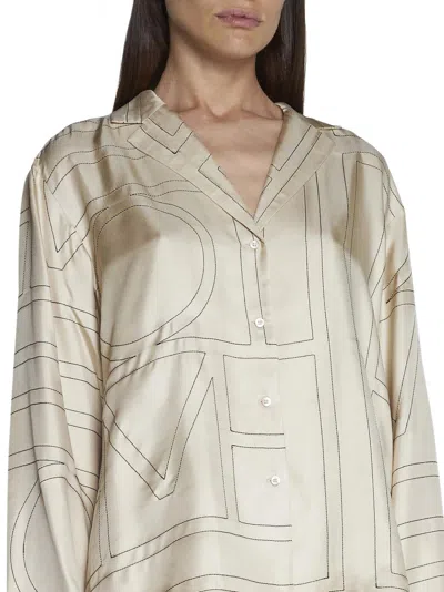 Totême White Shirt With Cuban Collar And Monogram In Silk Woman In Gold
