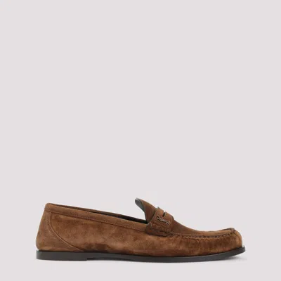 Saint Laurent Suede Penny Strap Loafers Round Toe In Brown