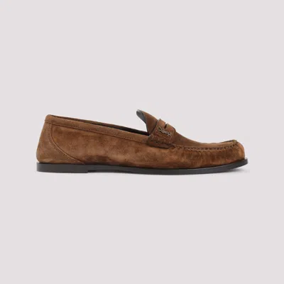 Saint Laurent Suede Penny Strap Loafers Round Toe In Brown