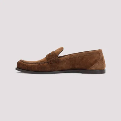 Saint Laurent Suede Penny Strap Loafers Round Toe In Brown