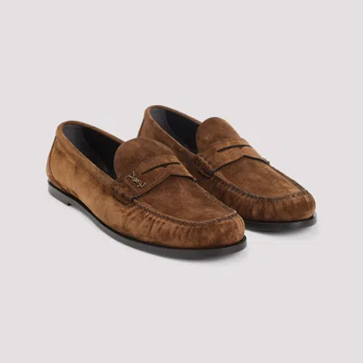 Saint Laurent Suede Penny Strap Loafers Round Toe In Brown