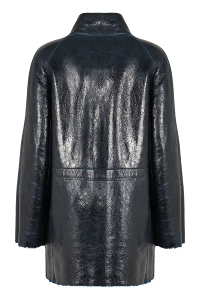 Fendi High-neck Leather Jacket In Black