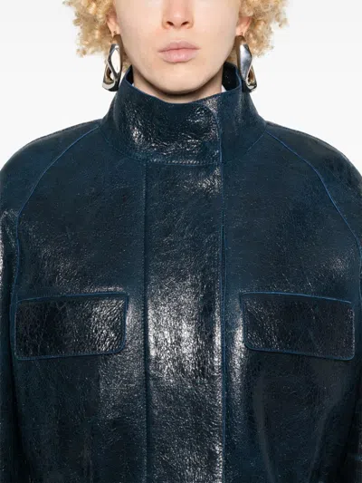 Fendi High-neck Leather Jacket In Black