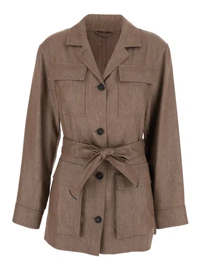 Brunello Cucinelli Brown Jacket With Notched Revers And Front Closure With Bow In Linen Blend Woman In Brown