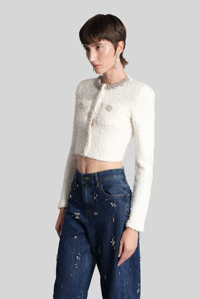 Self-portrait White Crewneck Cropped Cardigan With Crystal Embellishments On The Collar In Cotton Blend Woman In White