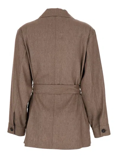 Brunello Cucinelli Brown Jacket With Notched Revers And Front Closure With Bow In Linen Blend Woman In Brown