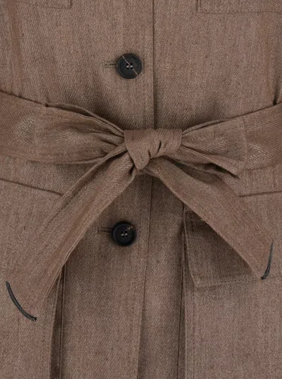 Brunello Cucinelli Brown Jacket With Notched Revers And Front Closure With Bow In Linen Blend Woman In Brown