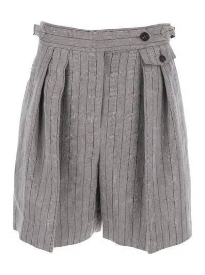 Brunello Cucinelli Grey Bermuda Panrs With Off-centered Button Closure And All-over Striped Motif In Linen Blend Woman In Gray