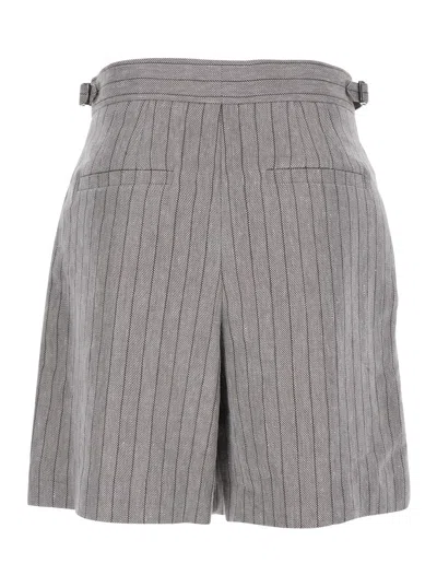 Brunello Cucinelli Grey Bermuda Panrs With Off-centered Button Closure And All-over Striped Motif In Linen Blend Woman In Gray