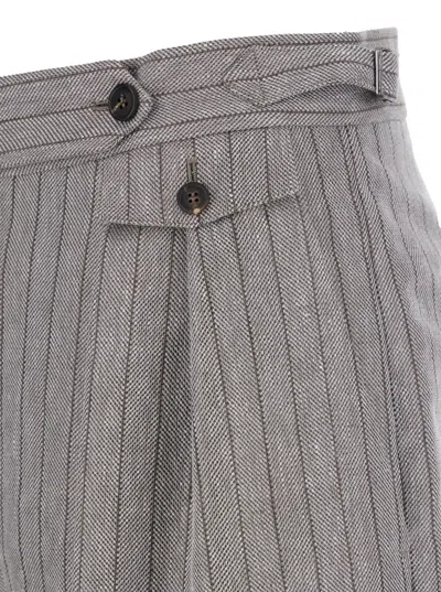 Brunello Cucinelli Grey Bermuda Panrs With Off-centered Button Closure And All-over Striped Motif In Linen Blend Woman In Gray