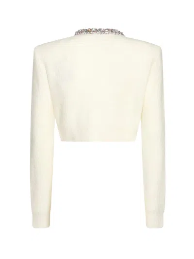 Self-portrait Whirw Cropped Crewneck Cardigan With Crystal Embellishments On Collar And Buttons In Wool Blend Woma In White