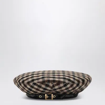 Ganni Checkered Wool Beret Featuring Buckle Detail In Black