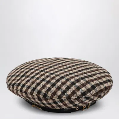 Ganni Checkered Wool Beret Featuring Buckle Detail In Black