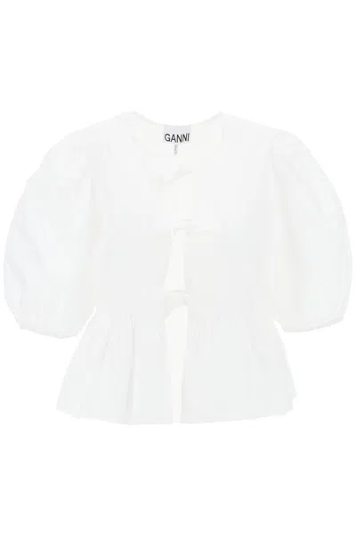 Ganni Crewneck Cotton Peplum Top Flounces In White