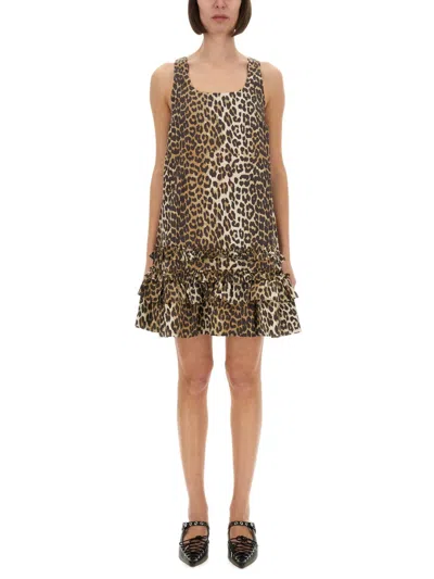 Ganni Leopard Cotton Poplin Mini Dress In Animal Print