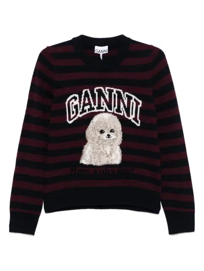 Ganni Graphic Wool Mix Poodle Stripe Crewneck Knitwear Multicolor