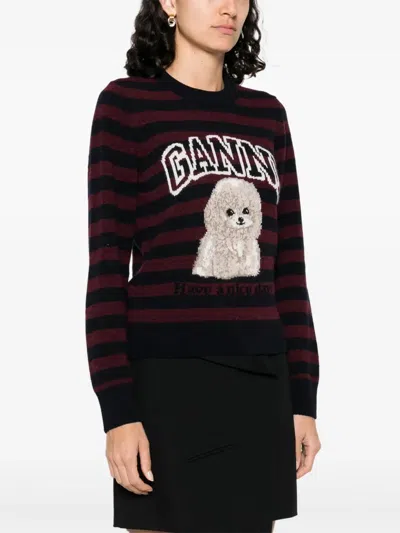 Ganni Graphic Wool Mix Poodle Stripe Crewneck Knitwear Multicolor