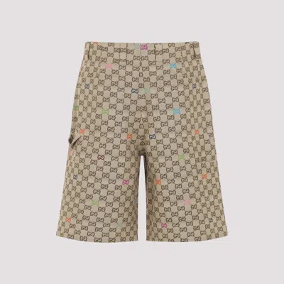 Gucci Men Beige Bermuda Pants With Belt Loops In Gg Canvas Man In Brown