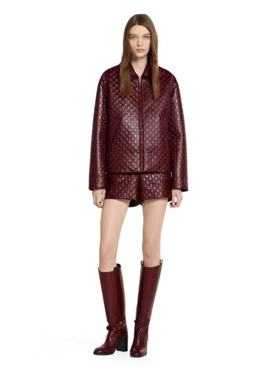 Gucci Women Oversized Leather Jacket With Embossed Gg In Burgundy