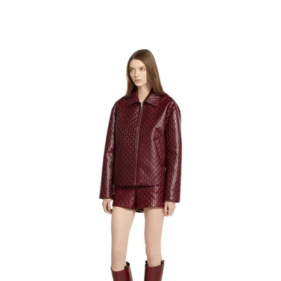 Gucci Women Oversized Leather Jacket With Embossed Gg In Burgundy