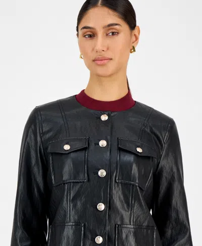 T Tahari Collarless Faux Leather Jacket In Black