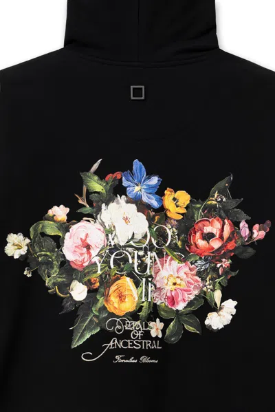 Wooyoungmi Black Hoodie With Drawstring Hood And Floral Motif On The Rear In Cotton Man In Black