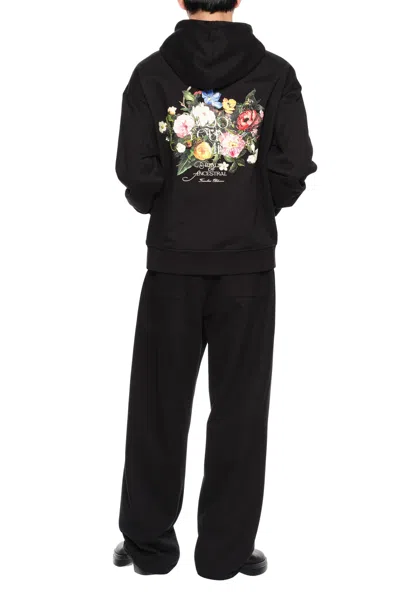 Wooyoungmi Black Hoodie With Drawstring Hood And Floral Motif On The Rear In Cotton Man In Black