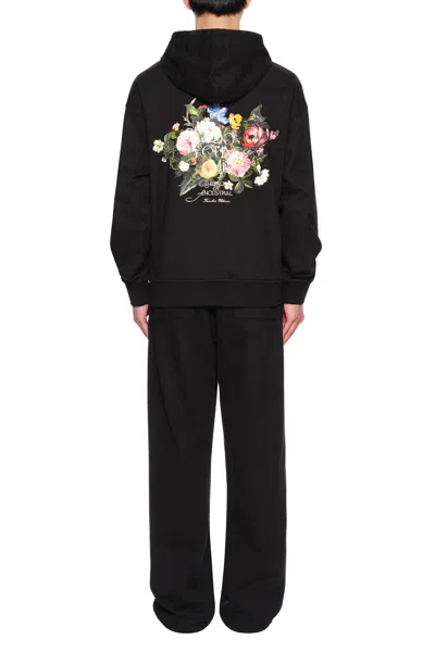 Wooyoungmi Black Hoodie With Drawstring Hood And Floral Motif On The Rear In Cotton Man In Black