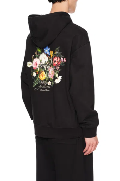 Wooyoungmi Black Hoodie With Drawstring Hood And Floral Motif On The Rear In Cotton Man In Black