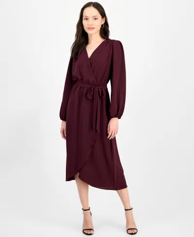 Connected Petite Long-sleeve Tied Wrap Dress In Burgundy