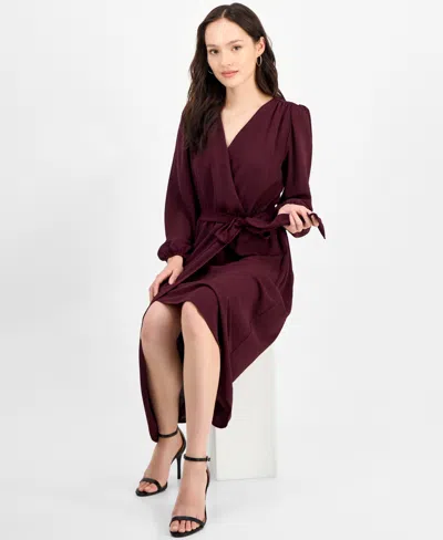 Connected Petite Long-sleeve Tied Wrap Dress In Burgundy