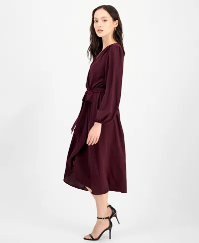 Connected Petite Long-sleeve Tied Wrap Dress In Burgundy