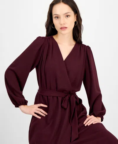 Connected Petite Long-sleeve Tied Wrap Dress In Burgundy