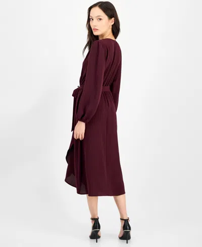 Connected Petite Long-sleeve Tied Wrap Dress In Burgundy