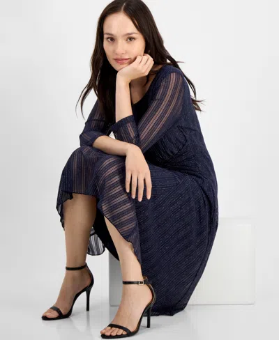 Connected Petite Mesh Tie-waist 3/4-sleeve Midi Dress In Blue
