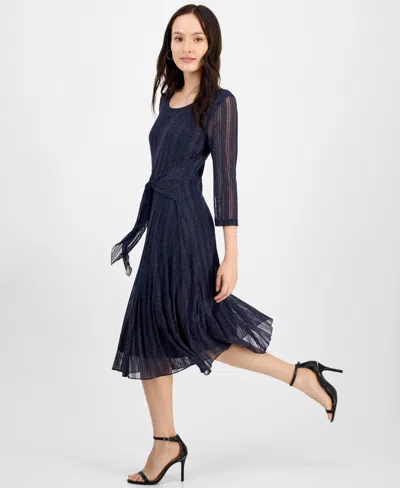 Connected Petite Mesh Tie-waist 3/4-sleeve Midi Dress In Blue