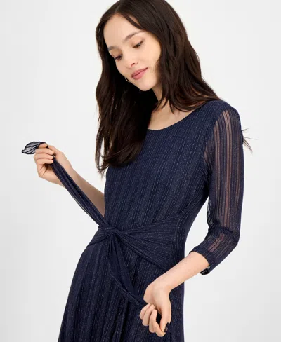Connected Petite Mesh Tie-waist 3/4-sleeve Midi Dress In Blue