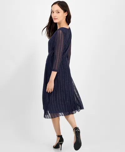 Connected Petite Mesh Tie-waist 3/4-sleeve Midi Dress In Blue